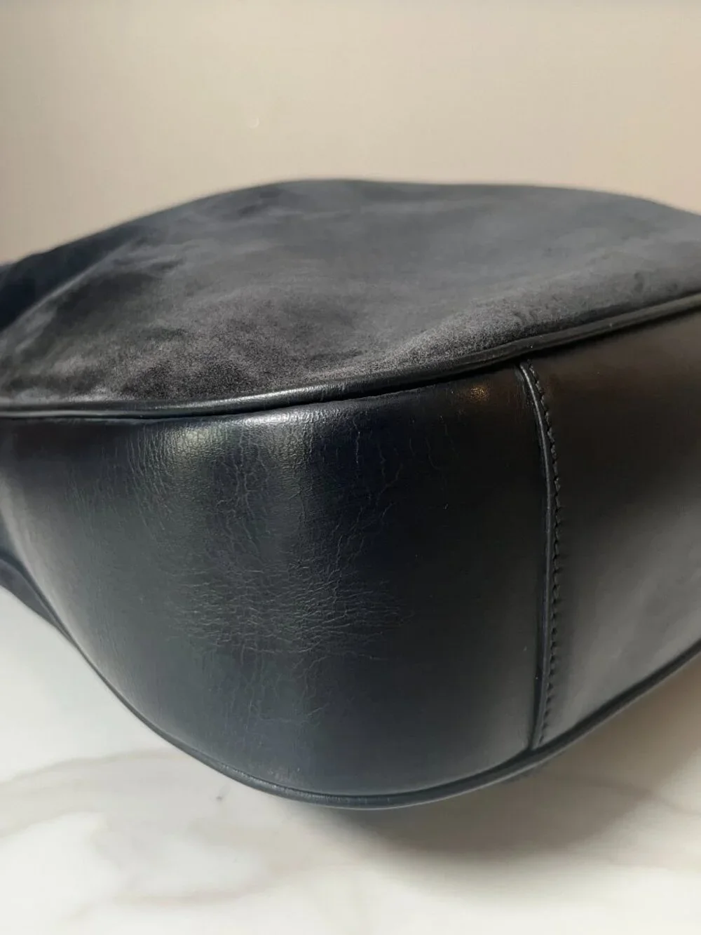Gucci Tom Ford Bamboo Handle Midnight Blue Suede Hobo Shoulder Bag Leather Trim